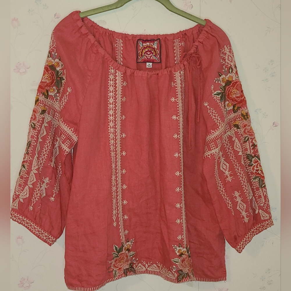Johnny Was Coral Embroidered Blouse